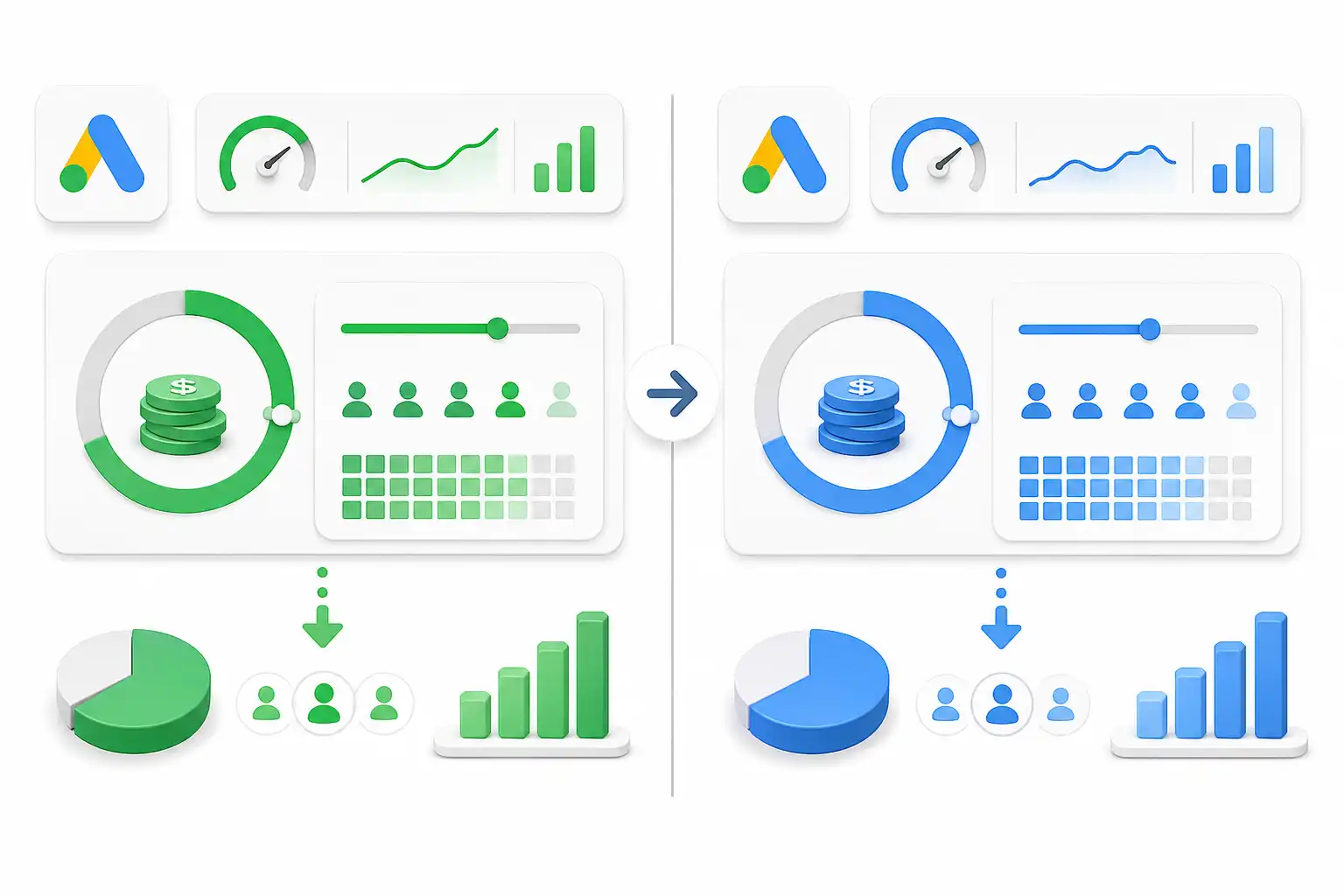 comparing Google Ads Smart Bidding before and after